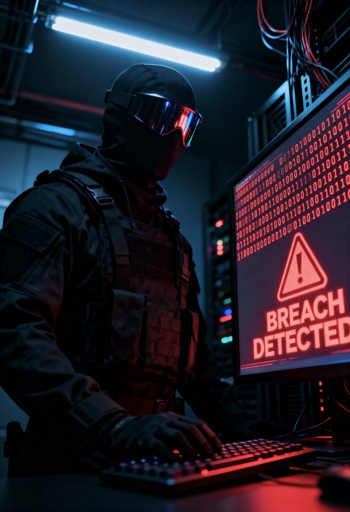 Хакер у темній серверній кімнаті демонструє загрозу зламу сервера