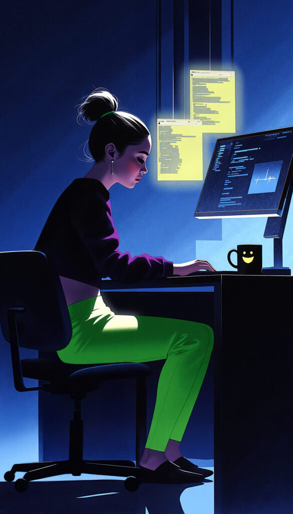 Програміст за роботою читає error log сервера у темному середовищі